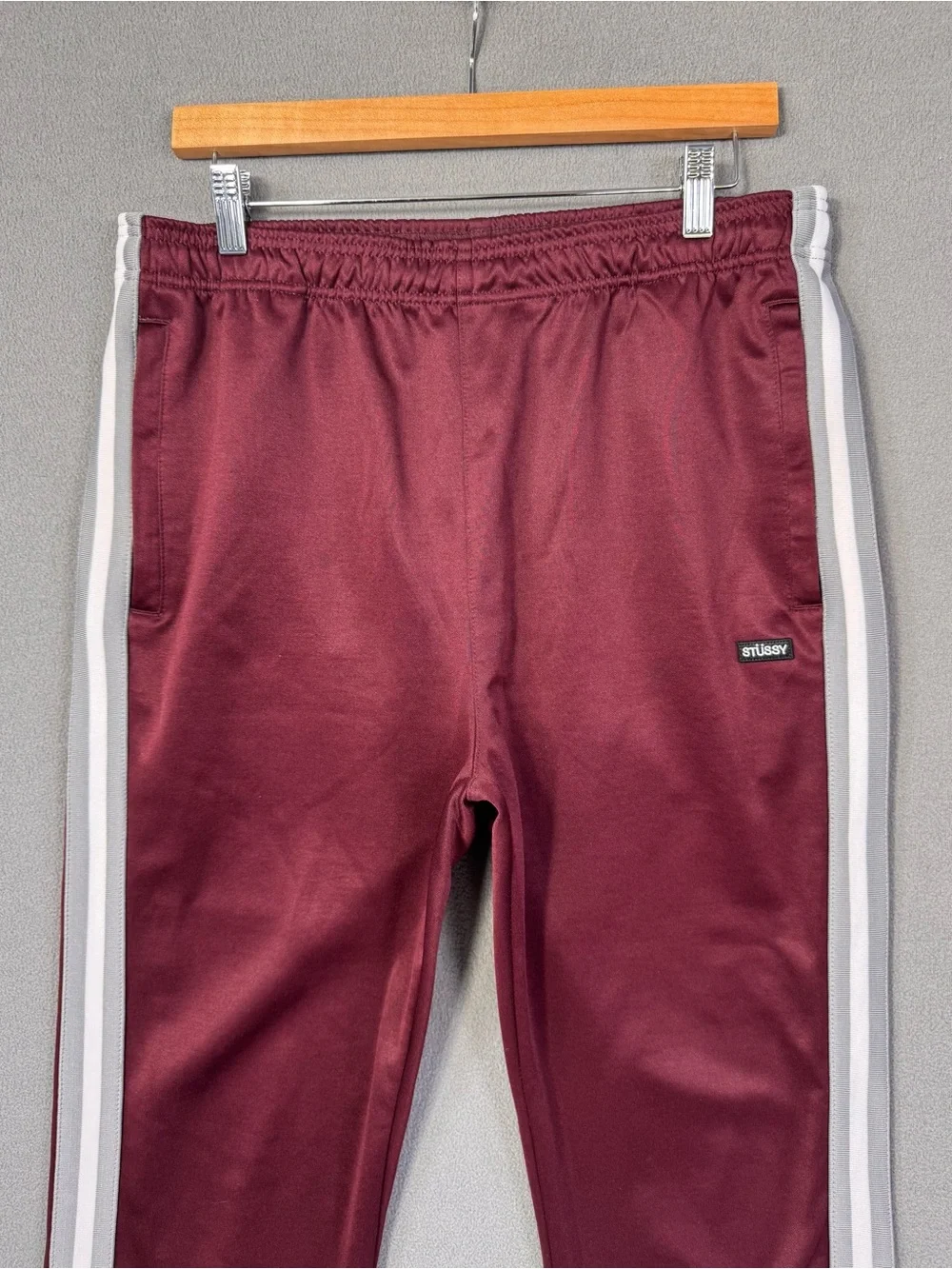 Stussy Men's Burgundy Maroon Poly Track Pants w/Side Grey + White Stripes, M